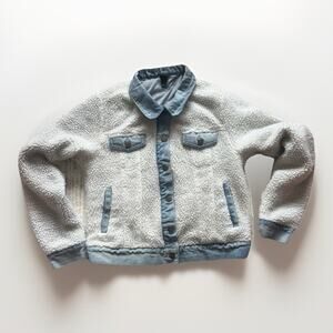 Wild Fable Sherpa Jacket Denim Trim Button Front Cream Women’s Size Small
